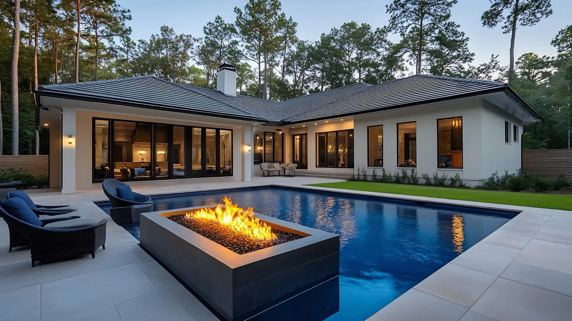 Luxury estate with pool at dusk