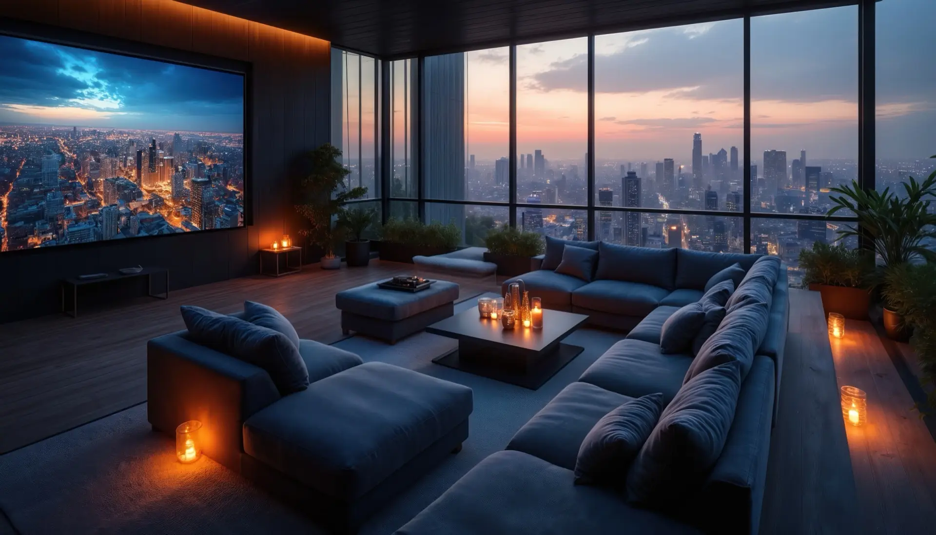 Media room with skyline view