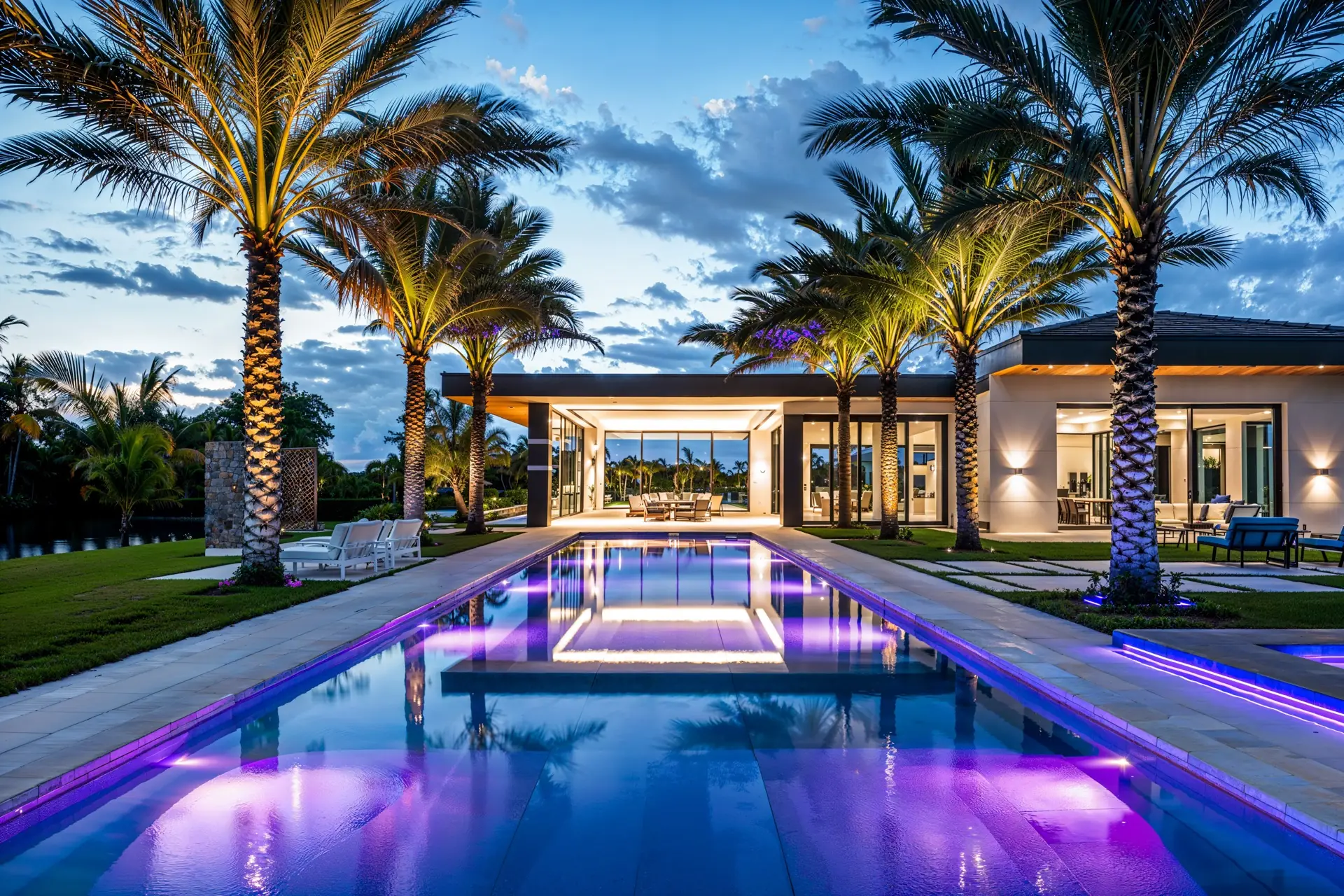 Luxury estate with illuminated pool at dusk